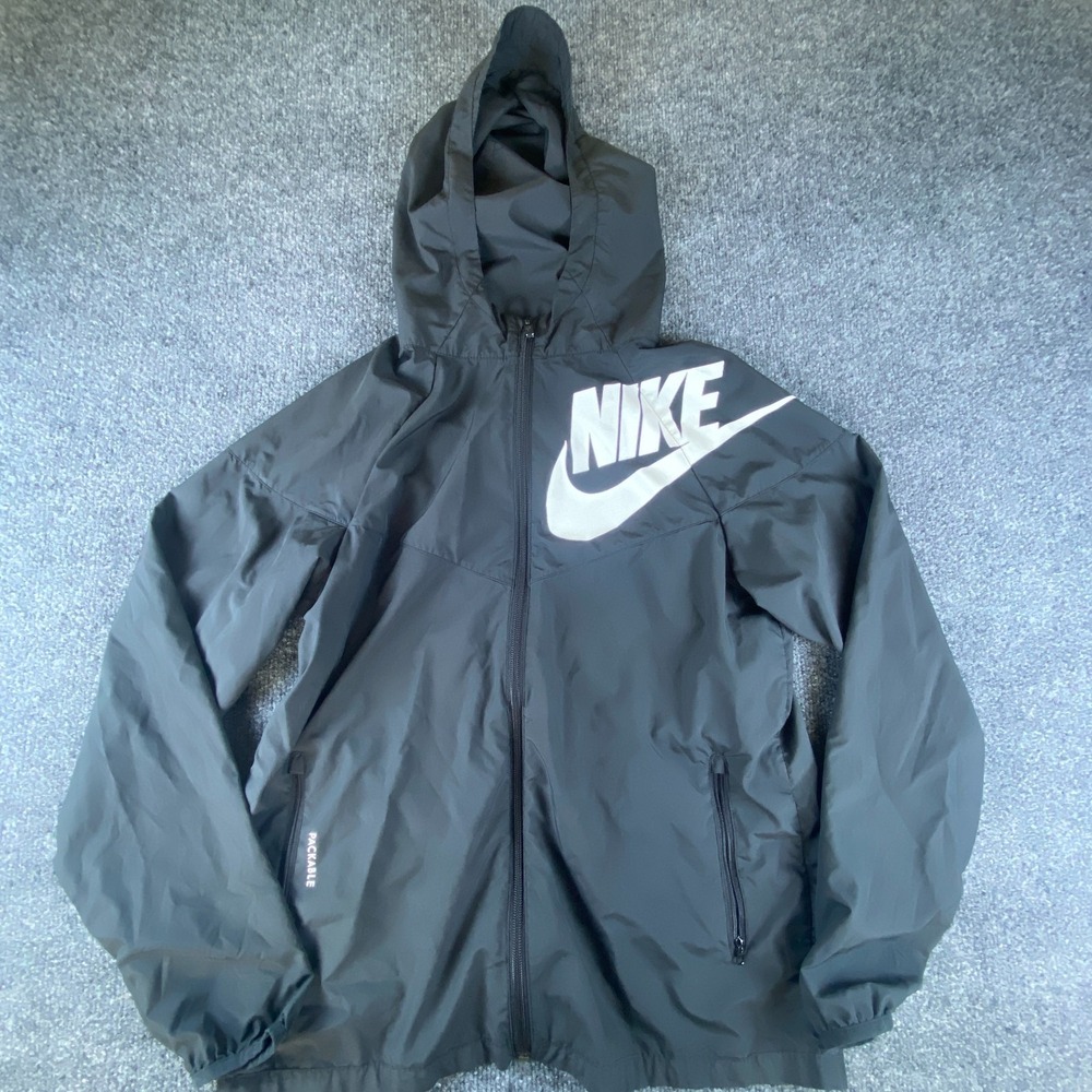 Nike Packable‎ Windbreaker Jacket Womens XL Gray Hiking Outdoor Hooded Full Zip